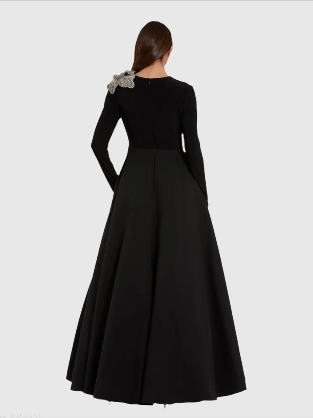 MAC DUGGAL Black Long Sleeve Ball Gown Taffeta with 3D Rhinestone Flower - Picture 3 of 13